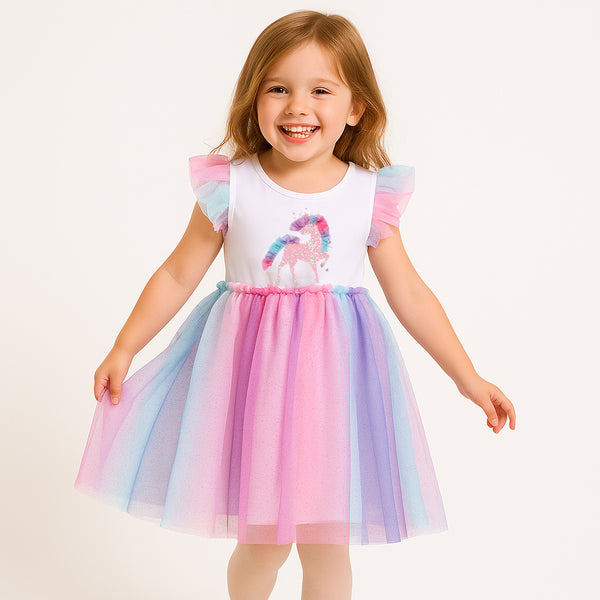 Girl White Fancy Frock Sequence Unicorn and Rainbow Net