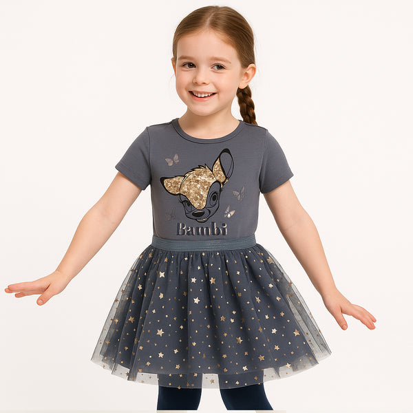 DSN FZ Girl Greyish Blue Bambi Sequence With Fancy Net Frock