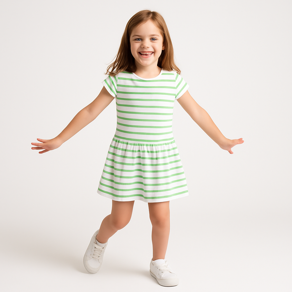 T E X Girl White And Green Lining Frock