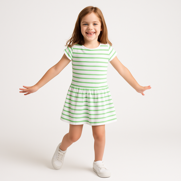 T E X Girl White And Green Lining Frock
