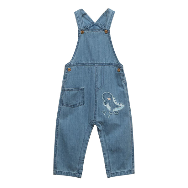 Boy Denim Blue Dino Embroidery Raugh Dungaree