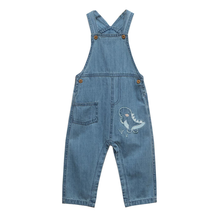 Boy Denim Blue Dino Embroidery Raugh Dungaree
