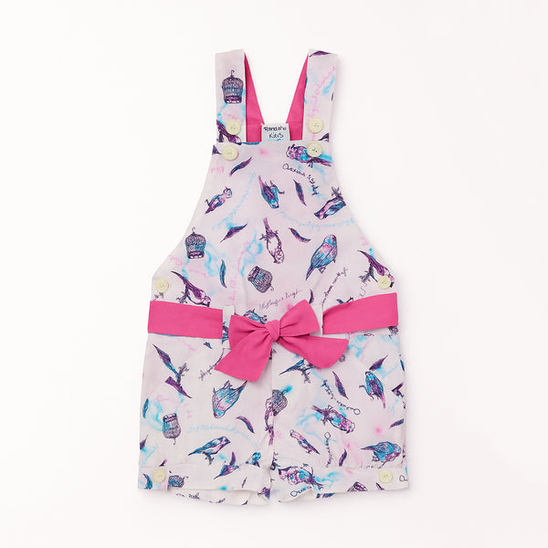 Girl White Cotton Tie & dye Sparrow Printed Dungaree With Pink Cotton Belt