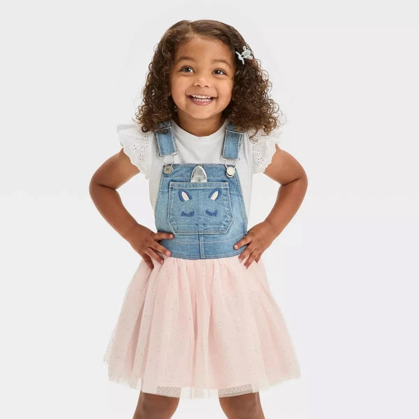 OSK Girl Denim With Pink Color Glitter Net Dungaree