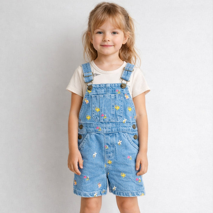 Girl Denim Blue Flower Embroidery Dungaree