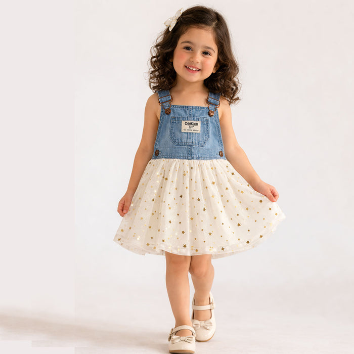 OSK Girl White And Blue Star Printed Fancy Dungaree