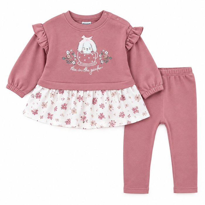 Girl Pink and White Bunny Embroidery Floral Inner Fleece Two Piece Set