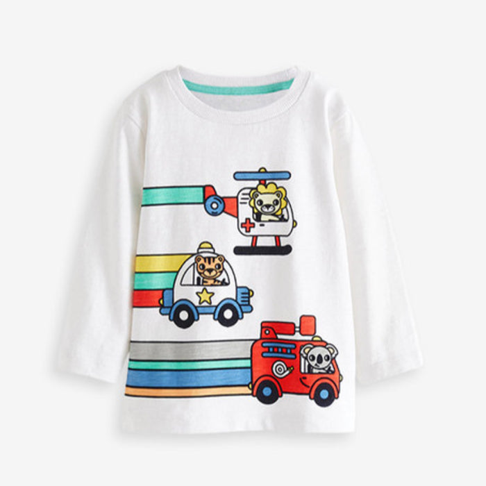 NXT Boy White Helicoptter and Truck Printed Full Sleeve Shirt
