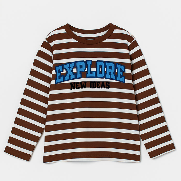 GJ Boy White And Brown Lining Explore Printed Full Sleeves Shirt