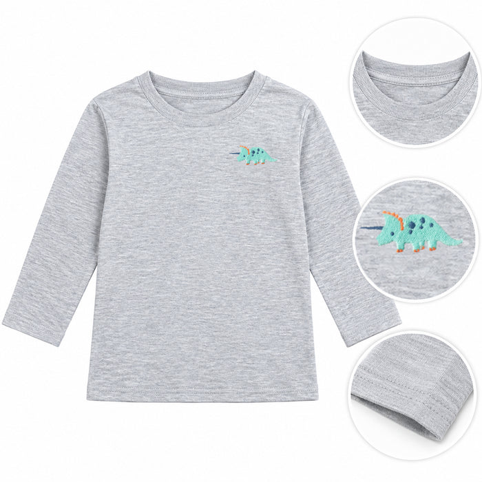 Boy Grey Green Dino Embroidery Full Sleeves Shirt