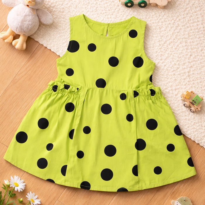 Girl Green With Black Circles Sleeveless Frock