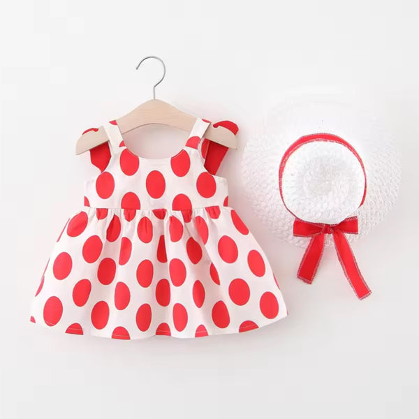 Girls Frock White Color With Red Circles With Hat