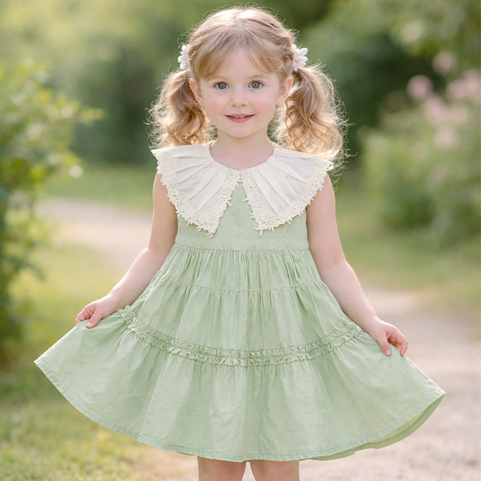 Girl Green and Cream Shoulder Fancy Frock