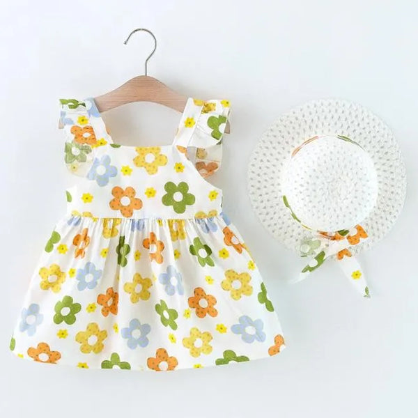 Girl White Flower Print Cotton Frock with Hat