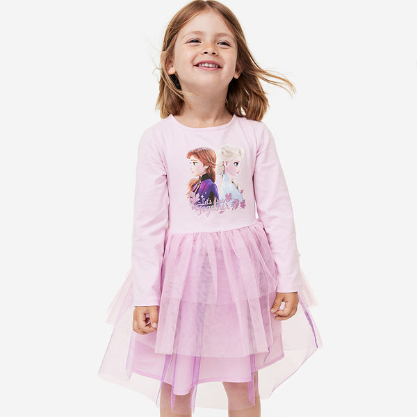 HM Girl Pink Elsa And Enna Printed With Purple Net Frock