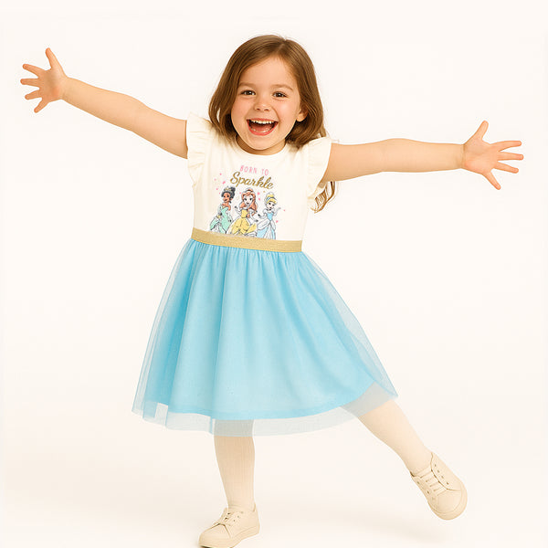DSN Girl Frozen Printed Glitteriest Sky Blue Net Frock