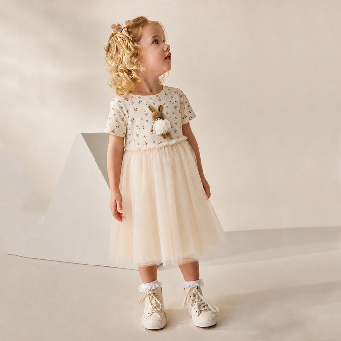 NXT Girl Cream With Ecro Bunny Character Sleeveless Fancy Frock