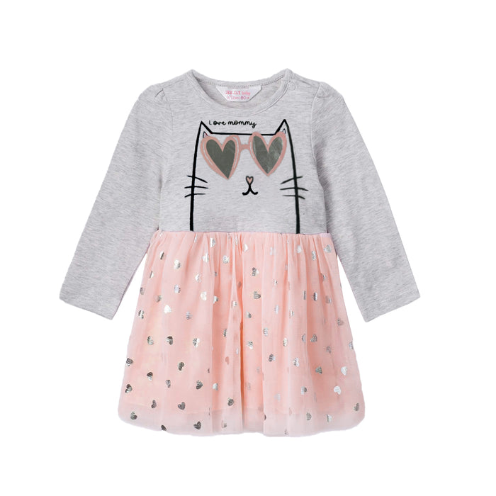 GJB Girl Grey Color Cat Design Full Sleeves Fancy Frock