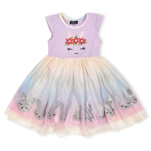 Girl Purple Color Glitter Rabbit Print Fancy Frock