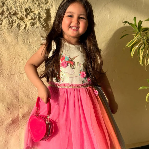 Girl Off-white Unicorn Sequence With Pink Flower Patch Net Frock