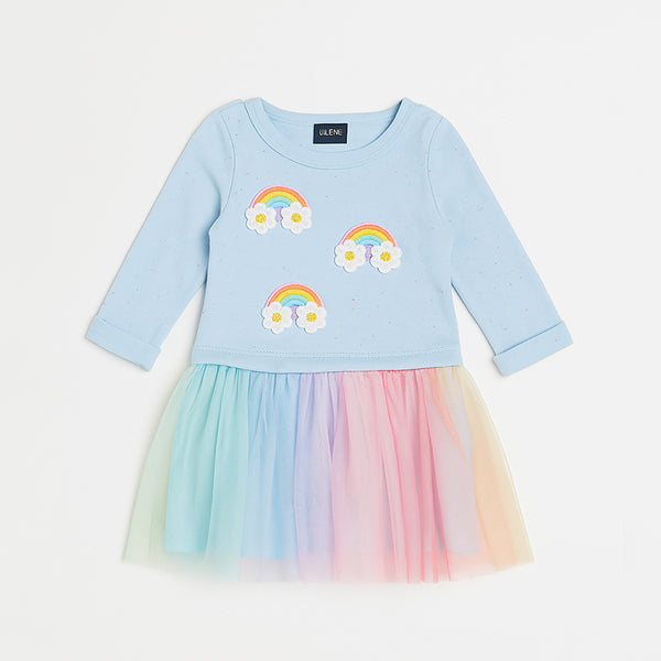 ZUNIE Girl Sky Blue Rainbow Embroidery Frock With Fancy Net