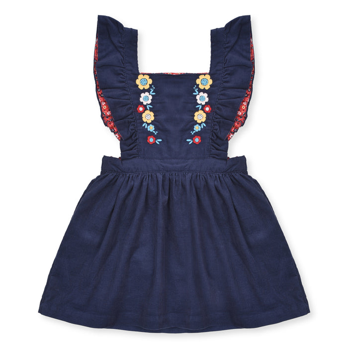 MC Girl Blue Corduroy Dungaree Frock Flower Embroidered