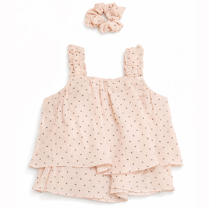 Girl peach and black polka dot top with scrunchies