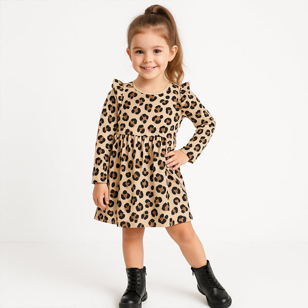 SIN SAY Girl Brown Cheetah Printed Full Sleeves Frock