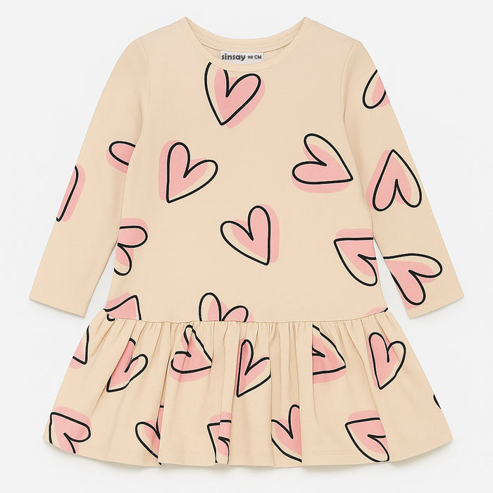 SIN SAY Girl Cream Heart Printed Full Sleeves Frock