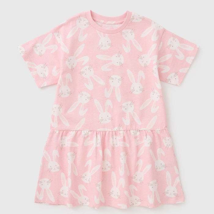 Girl Rabbit Face Printed Baby Pink Frock