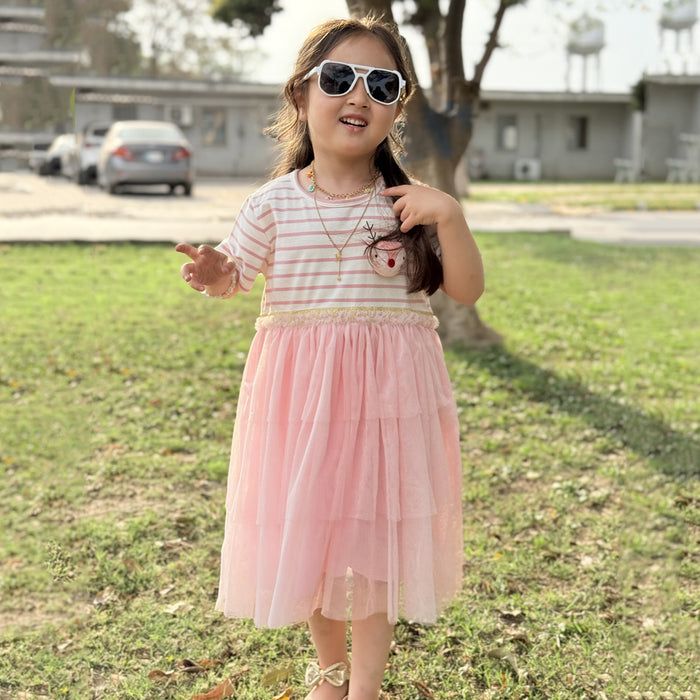 Little MVN Girl Dear Patch Pink And White Fancy Frock