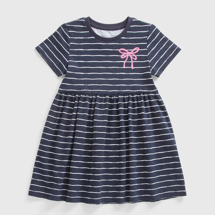 Girl Pink Bow Printed Navy Blue Frock