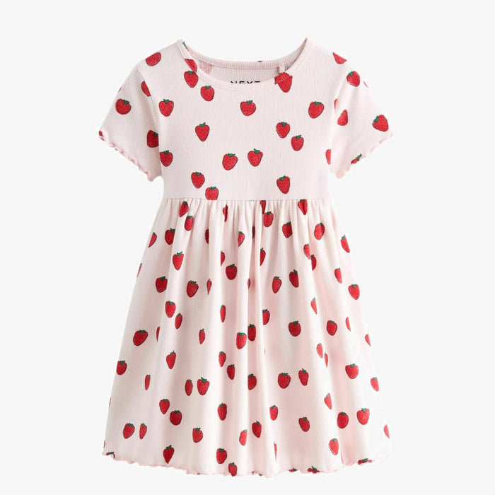 NXT Girl Red Strawberry Printed Puff Sleeves Frock