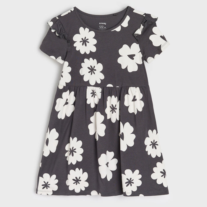 SN SY Girls Grey With White Frock Printed Frock