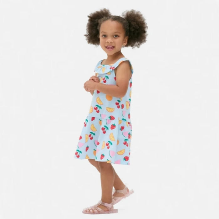 PRM Girls Blue Fruits Printed Sleeveless Frock