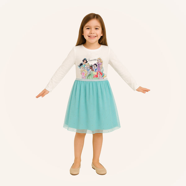 Gerg Girl Princess Printed Sea Green Net Frock