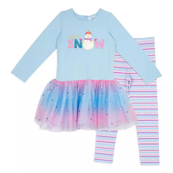 CNT DIS Girl Sky Blue Let it Snow Design Full Sleeves Fancy Frock With Tights