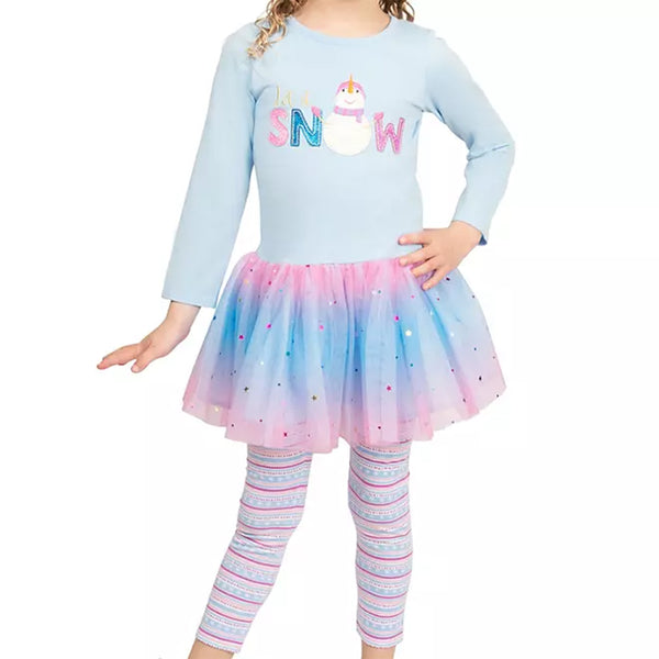 CNT DIS Girl Sky Blue Let it Snow Design Full Sleeves Fancy Frock With Tights