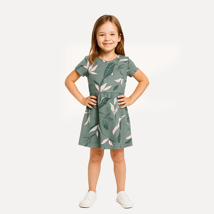 SIN SAY Girl Sea Green Leaf Print Frock