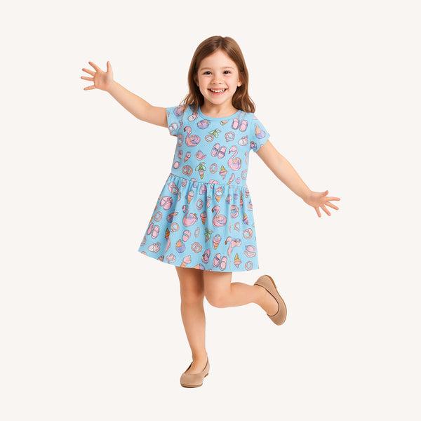 CC Girl Flamingo Printed Sky Blue Frock