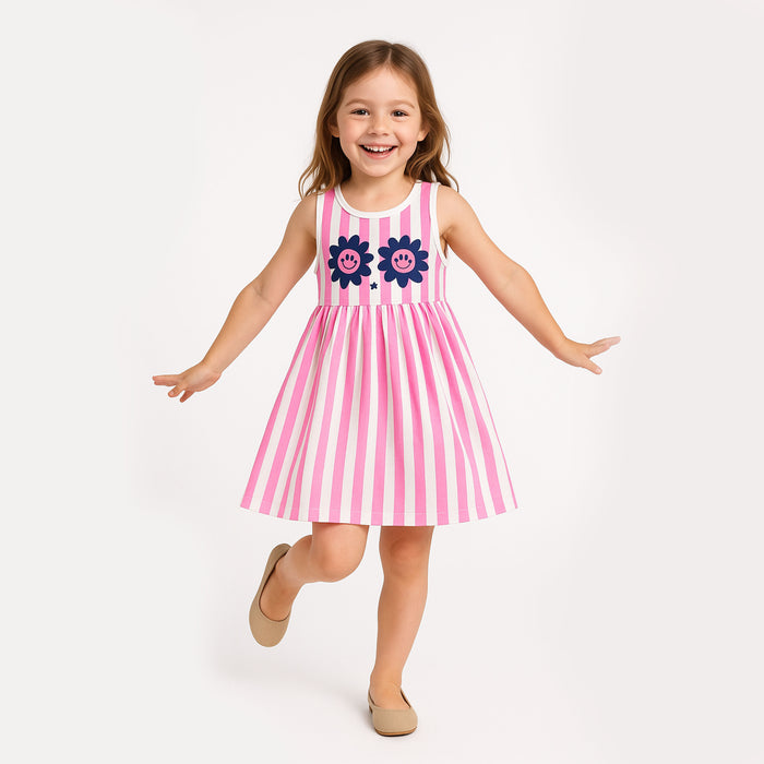 PRM Girl White And Pink Sun Flower Printed Frock