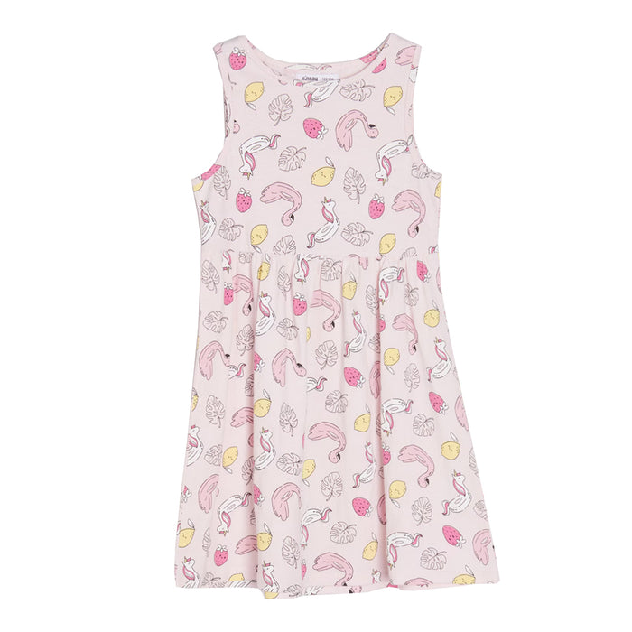 SIN SAY Girl Flamingo Printed Baby Pink Frock