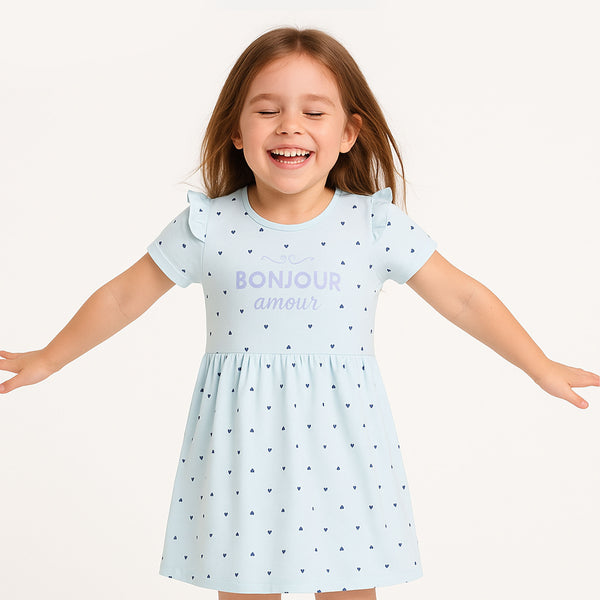 SIN SAY Girl Blue Heart With Bonjour Printed Dress