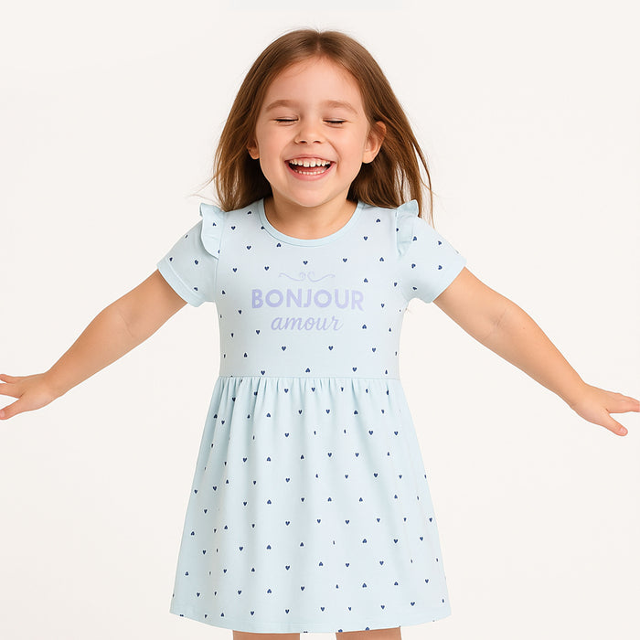 SIN SAY Girl Blue Heart With Bonjour Printed Dress