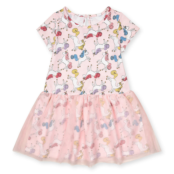 Girl Pink Unicorn Printed Frock With Net