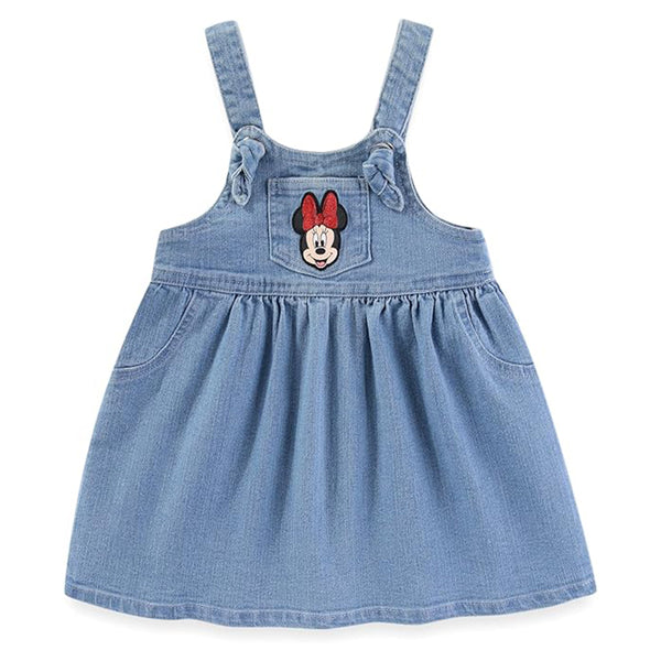 DSN Girl Denim Blue Dungaree Frock With Front Pocket Mickey Embroidered