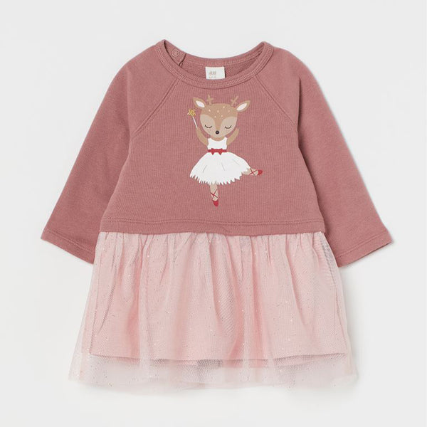 Girl Brown Frock Dear Printed With Peach Net