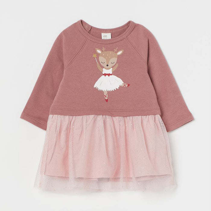 Girl Brown Frock Dear Printed With Peach Net