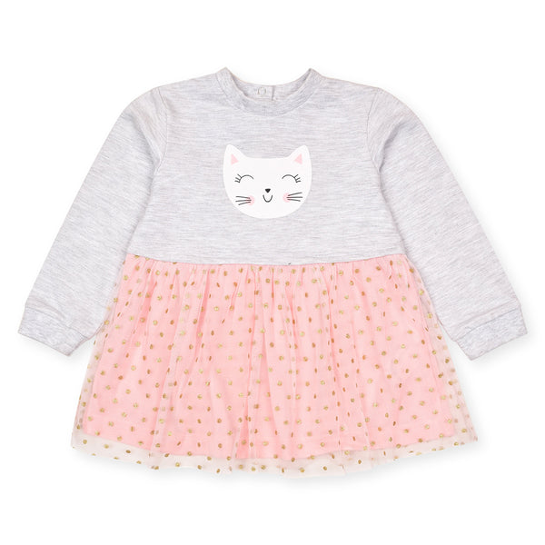 Girl Grey Sweat Frock Cat Printed With Glitrish Net