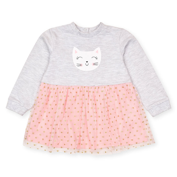 Girl Grey Sweat Frock Cat Printed With Glitrish Net